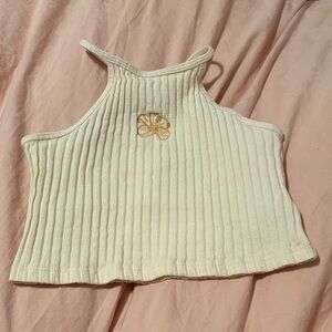 Zara Cream Ribbed Halter Tank Top with Yellow Embroidered Flower